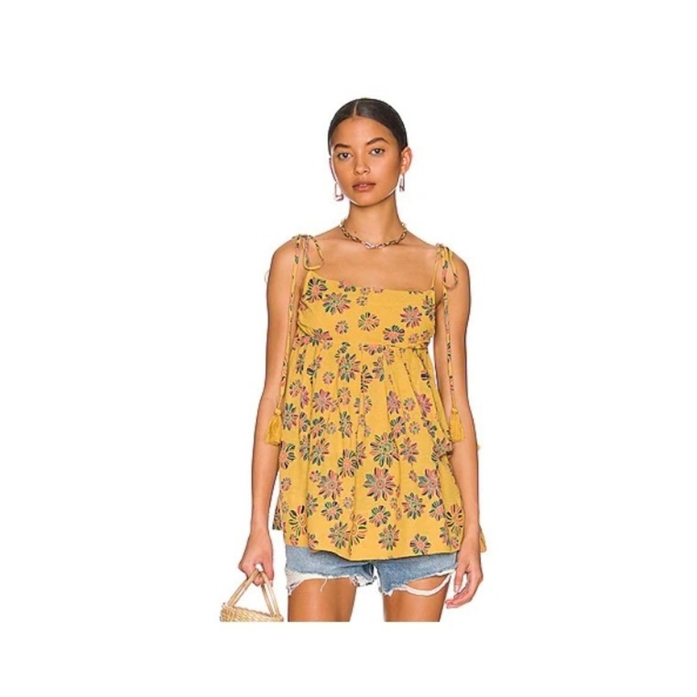 Free People Tunic Top Women Size XS Yellow Gilded Combo Floral Boho Festival NEW